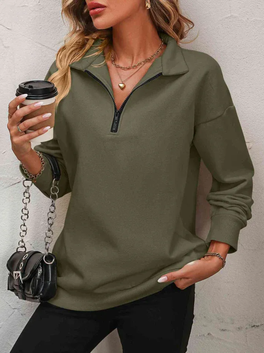 Sofie Sweatshirt with zipper and hanging shoulder for women - Lisa New York