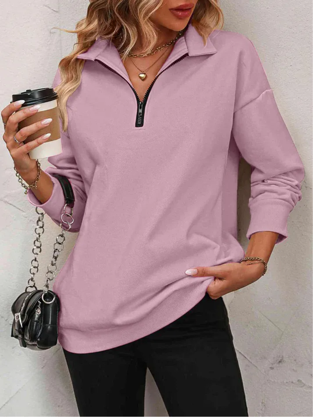 Sofie Sweatshirt with zipper and hanging shoulder for women - Lisa New York