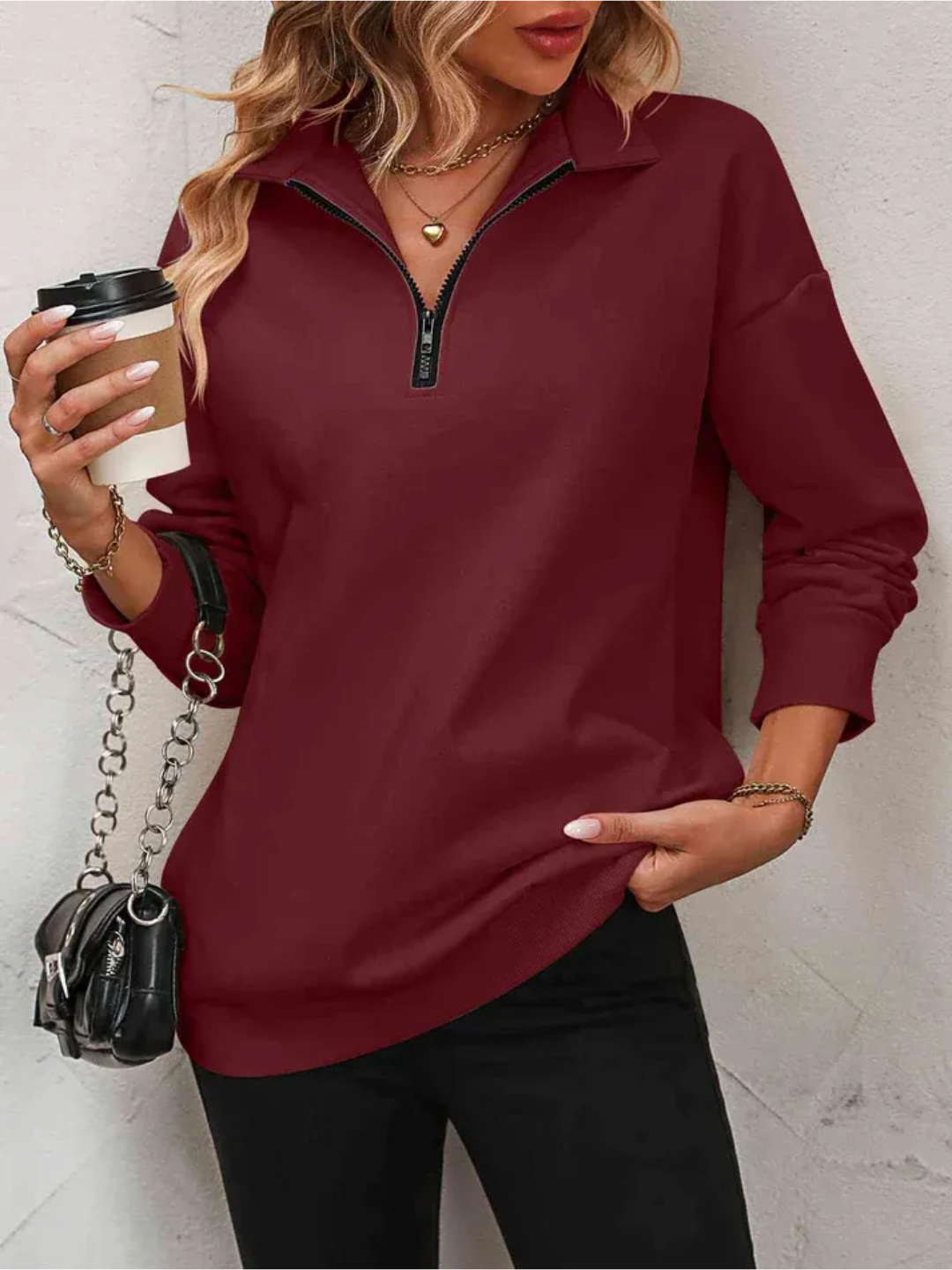 Sofie Sweatshirt with zipper and hanging shoulder for women - Lisa New York
