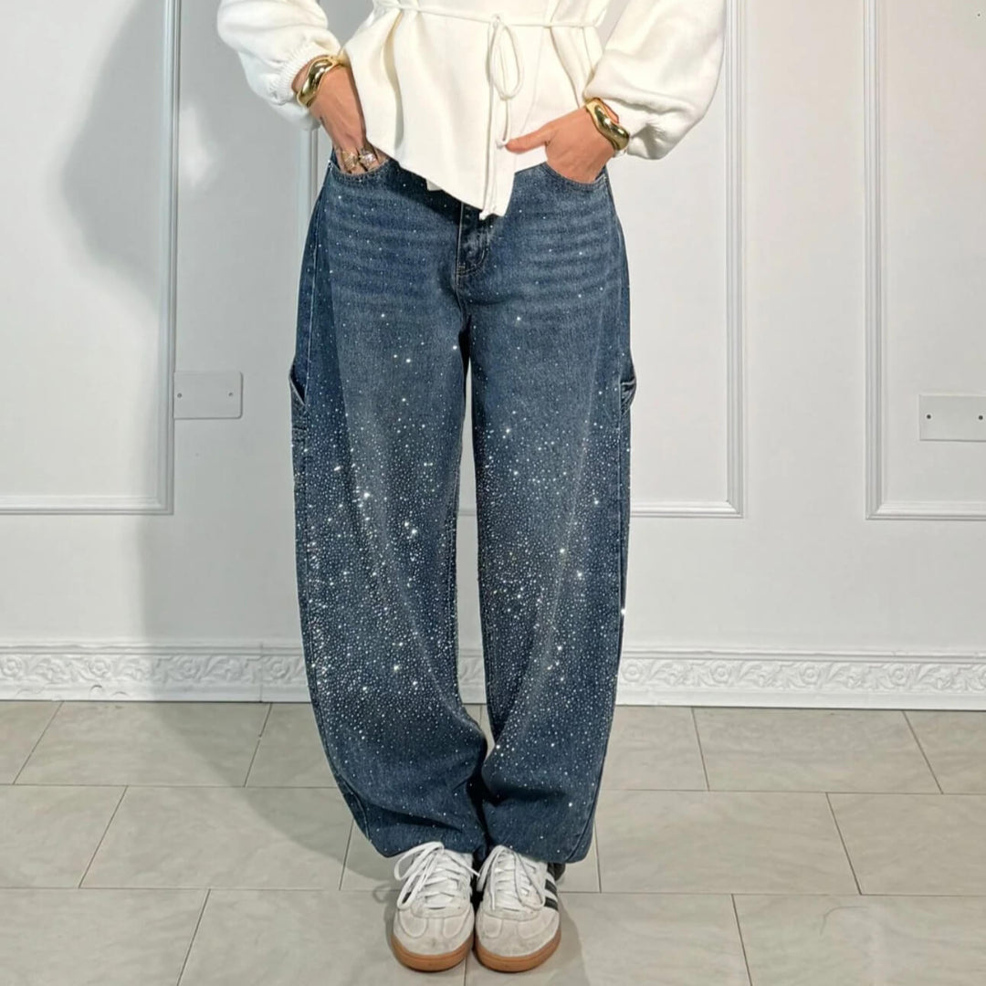 Raphaelle | Trendy Starry Denim Cargo Pants - Lisa New York
