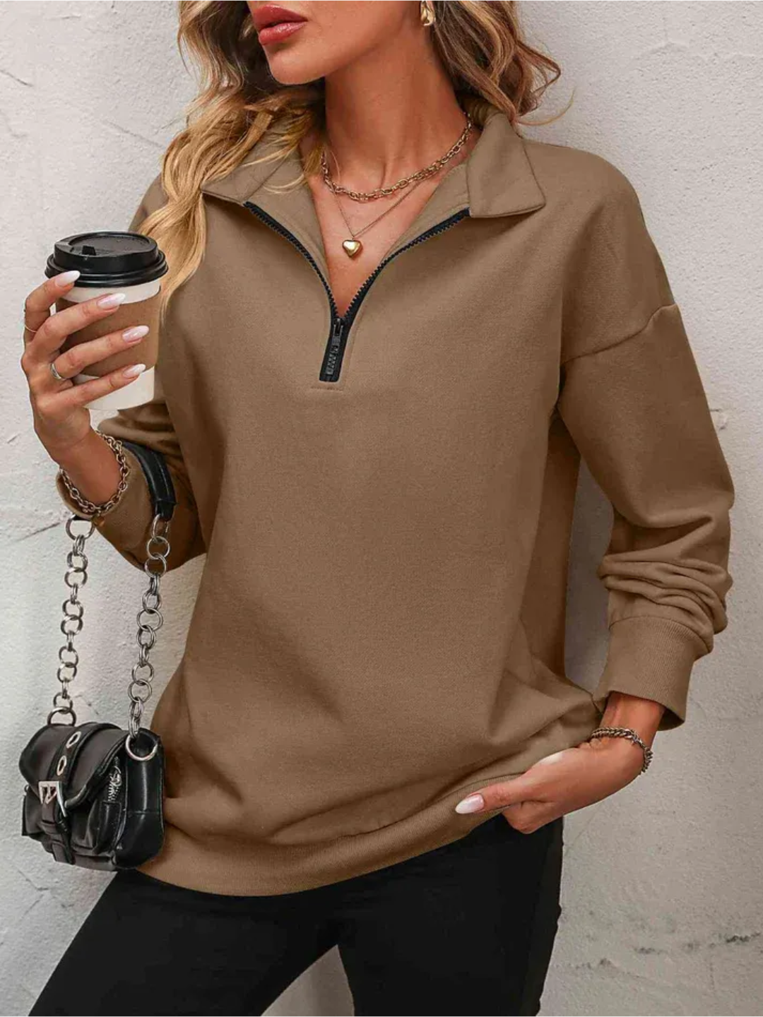 Sofie Sweatshirt with zipper and hanging shoulder for women - Lisa New York